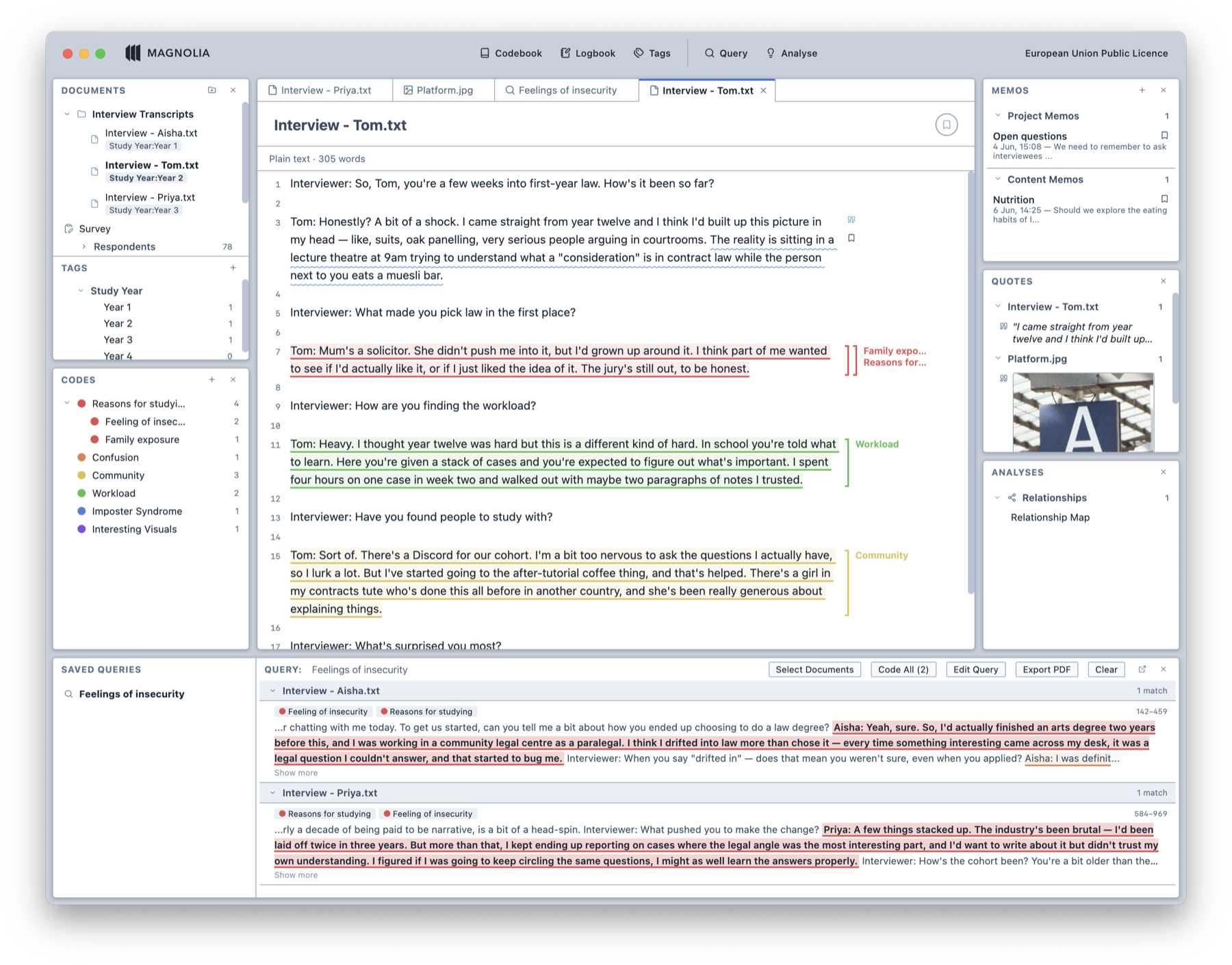 Magnolia's coding interface, showing an interview transcript with coloured codes applied to passages of text, alongside documents, codes, memos, and query panels.