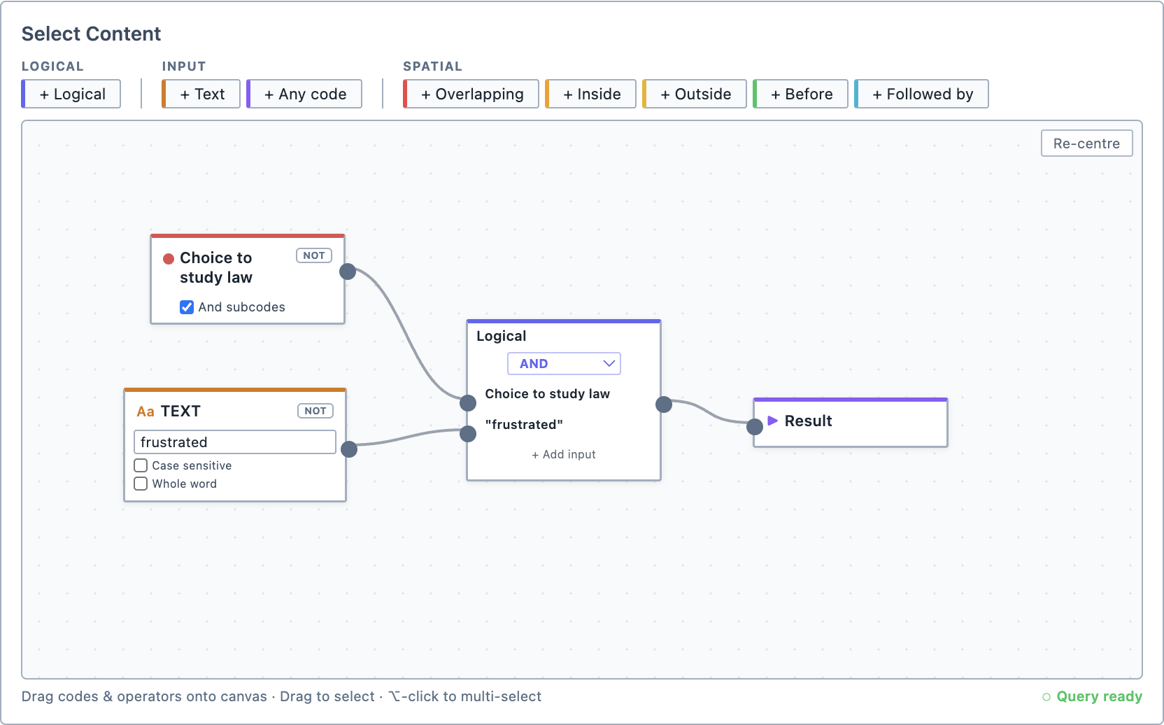 Magnolia's graphical query builder, with code nodes connected by logical operators on a canvas and live results below.
