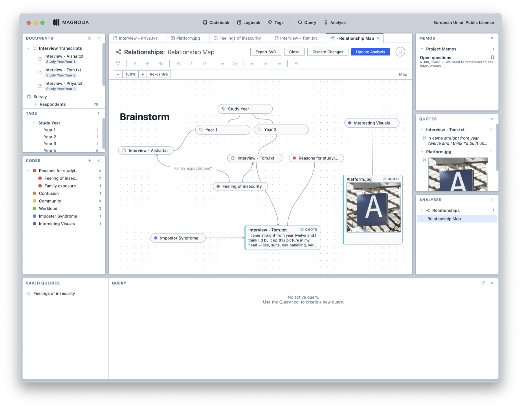 Magnolia's relationship map, an interactive canvas linking codes, documents, and quotes.