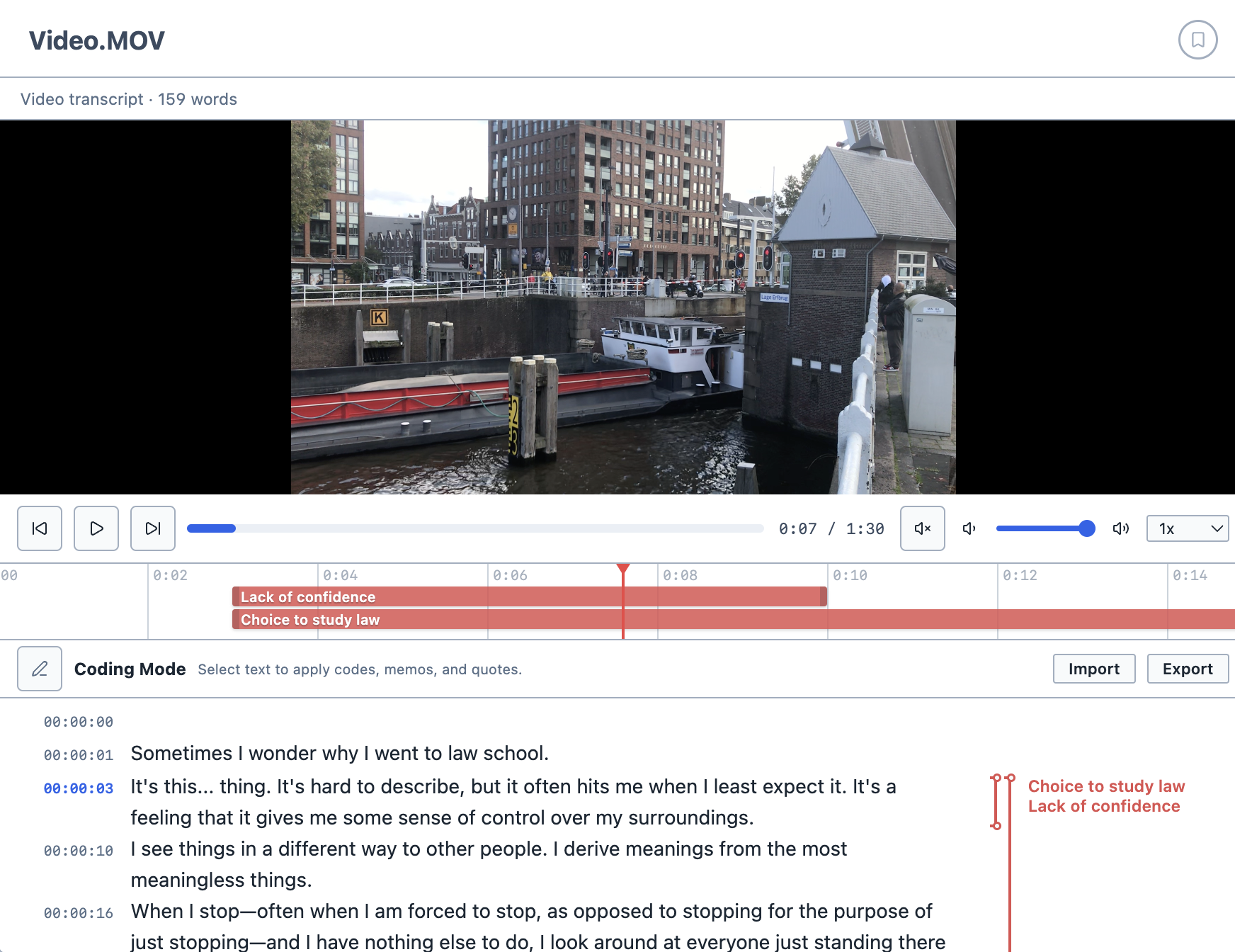 Magnolia's transcription and video coding view, showing a video synced to a coded transcript with codes mapped to the video timeline.