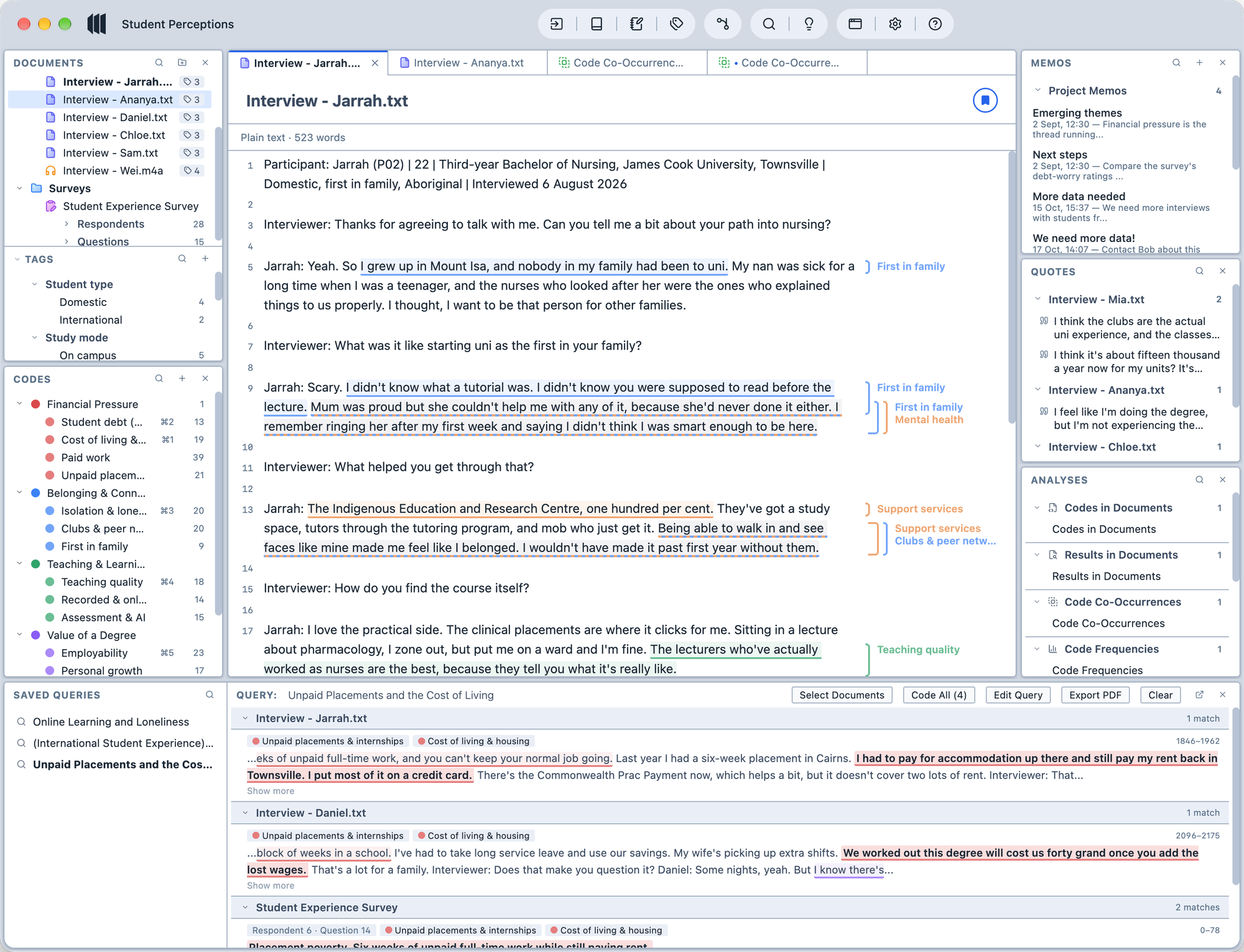 Magnolia's main window: an interview transcript with coloured codes in the margin, surrounded by panels for documents, tags, codes, memos, quotes, analyses, and live query results.