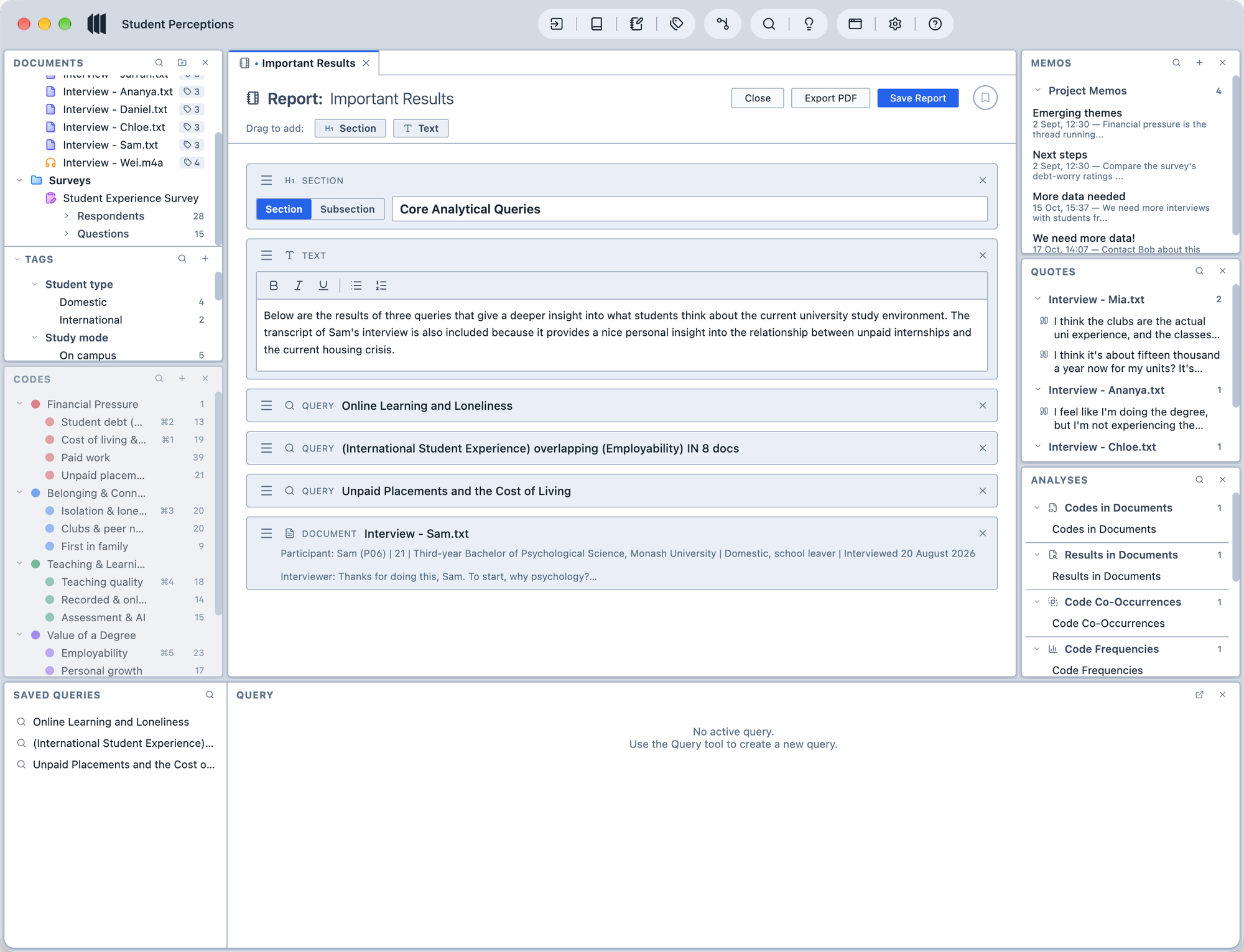The report builder: a report called Important Results made of a section heading, a text block, three saved queries, and an interview document.