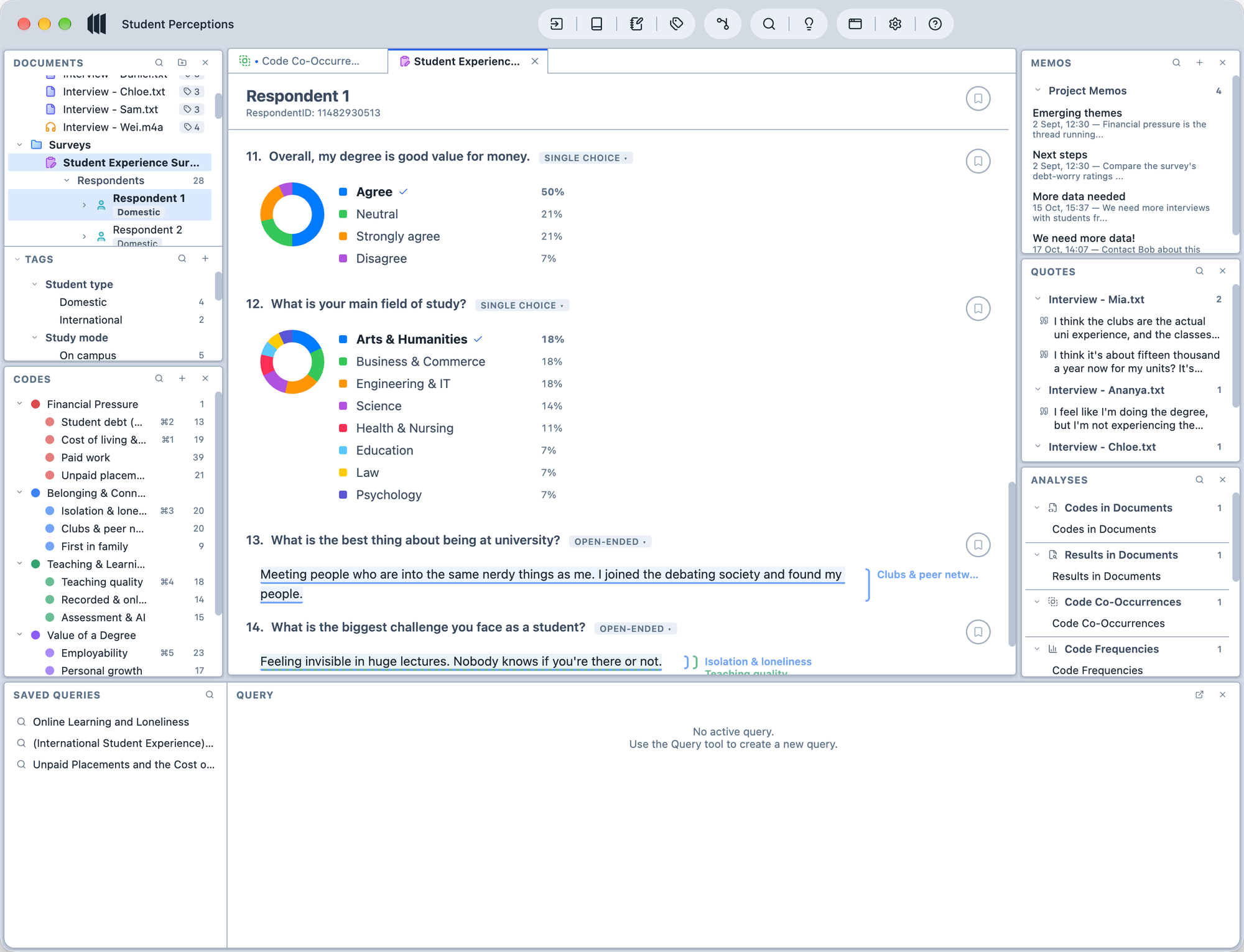 A single respondent's answers: donut charts for single-choice questions, and coded open-ended answers with codes shown in the margin.