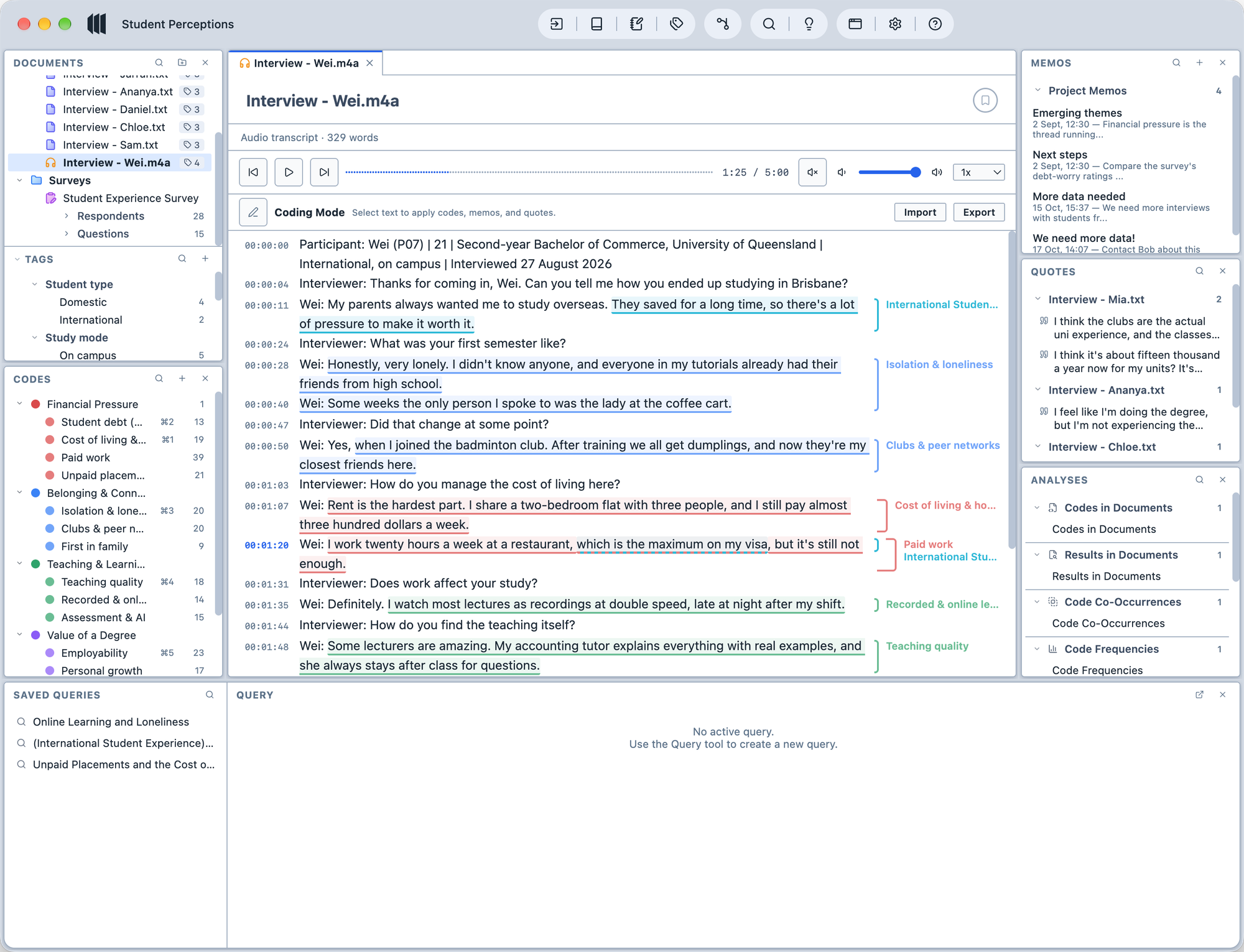 An audio interview open in Magnolia: playback controls above a transcript where every line has a timestamp, the line currently playing is highlighted, and coded passages are underlined with code names in the margin.