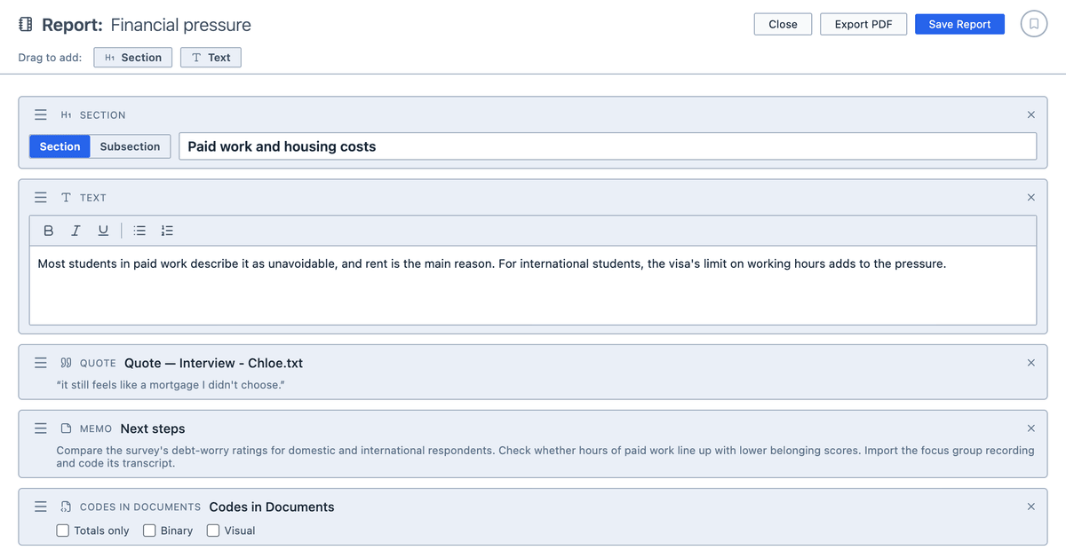 A report being assembled from a section heading, text, a quote, a memo, and a live analysis.